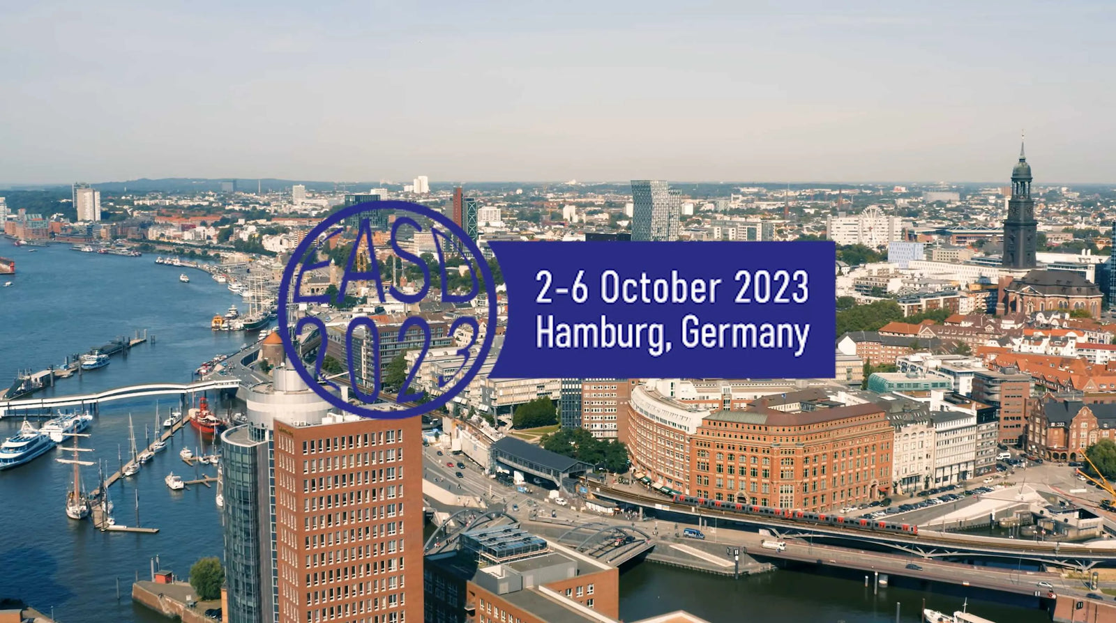 Aerial view of Hamburg, Germany with event dates (2 - 6 October 2023) and 'EASD 2023' logo.