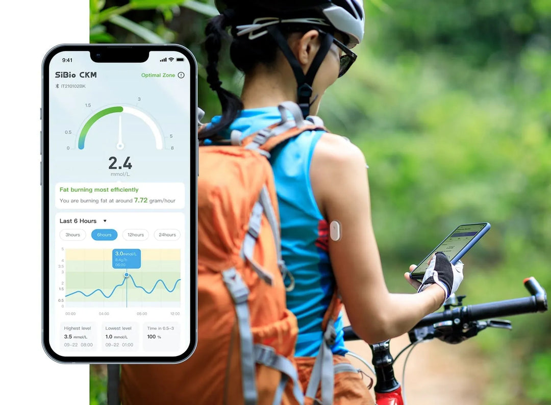 A cyclist uses a smartphone to monitor blood glucose levels with SiBionics CKM app showing 2.4 mmol/L. Includes fat burning info.