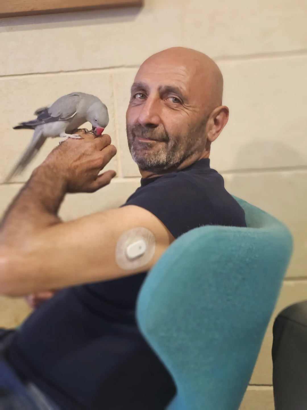 A person with a Sibionics blood glucose monitor on their arm, interacting with a bird.
