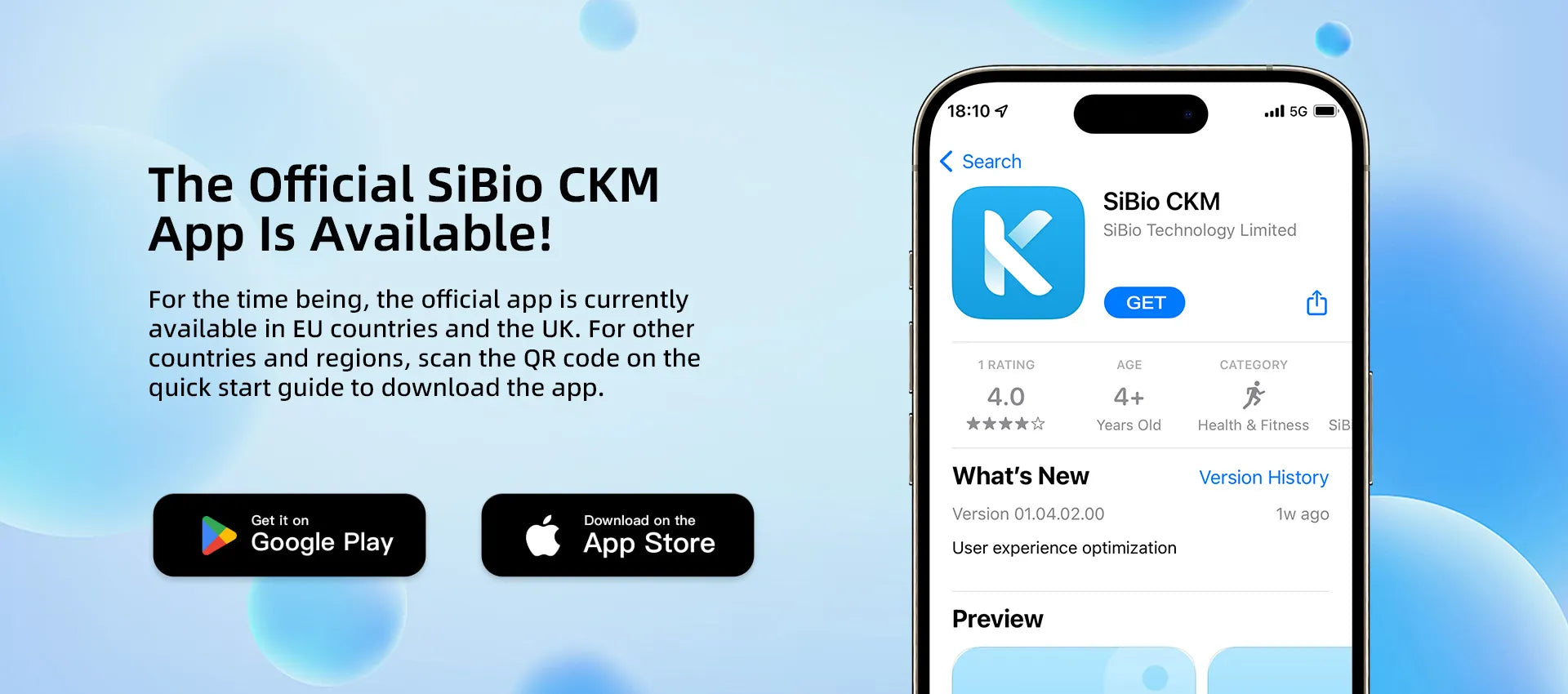 Promotional image for SiBionics' SiBio CKM app. Shows app availability on Google Play and App Store. Features phone display with app details.