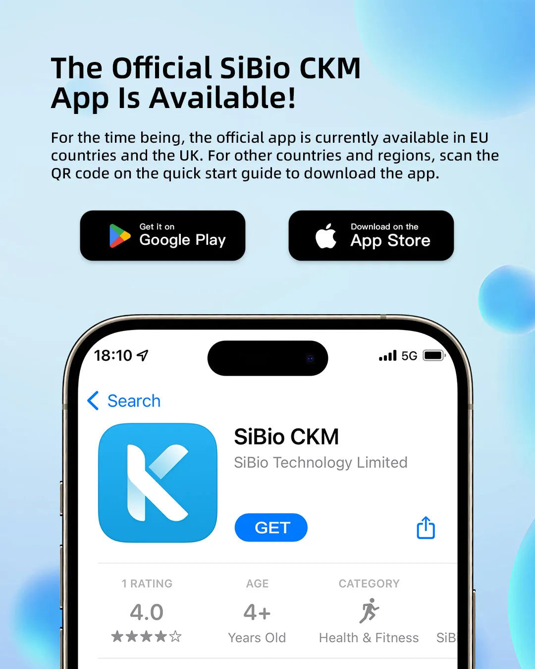Promotional image for SiBionics' SiBio CKM app, available on Google Play and App Store. Shows smartphone screen with app details. Keywords: SiBionics, blood glucose monitor app, SiBio CKM.