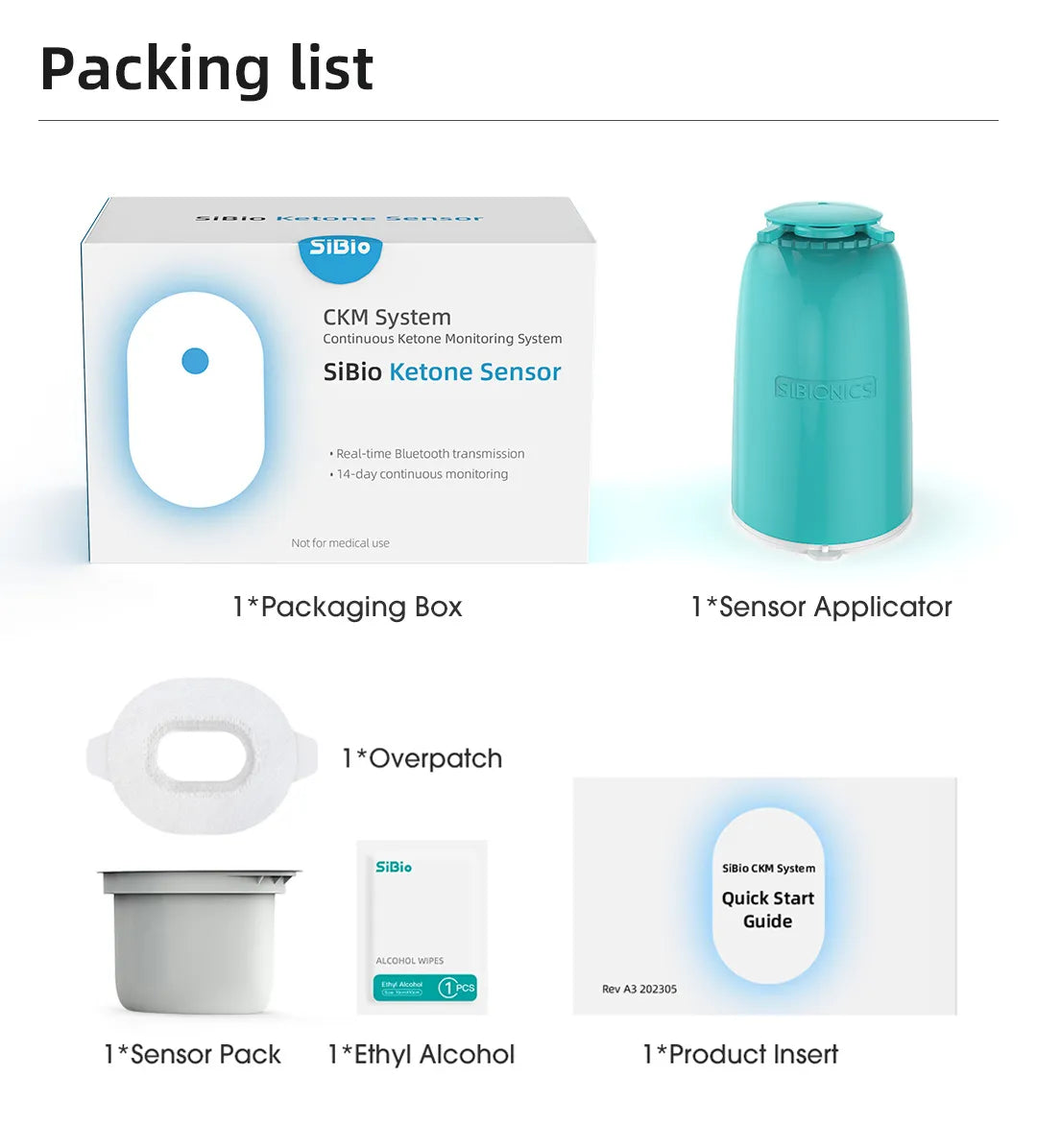 Packing list for Sibionics' SiBio Ketone Sensor: box, sensor applicator, overpatch, sensor pack, ethyl alcohol, product insert. Keywords: blood glucose monitor, continuous ketone monitoring.
