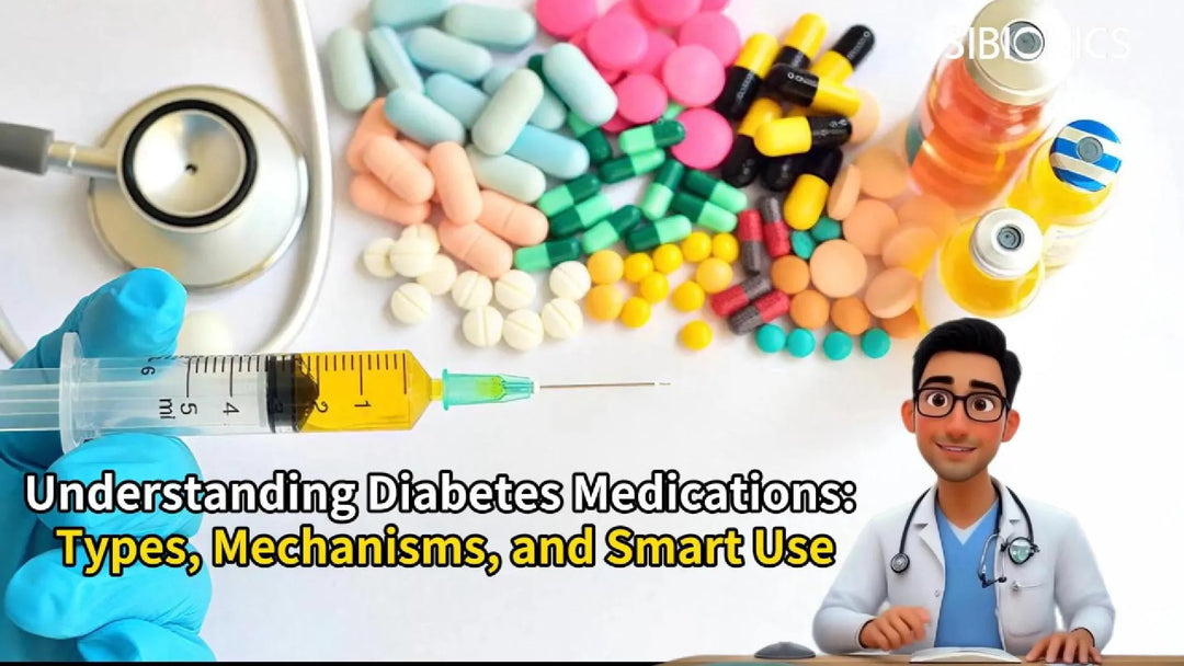 A hand in a blue glove holds a syringe with medical pills, a stethoscope, and a doctor illustration. Text reads "Understanding Diabetes Medications: Types, Mechanisms, and Smart Use." Keywords: diabetes medications, syringe, stethoscope, doctor.