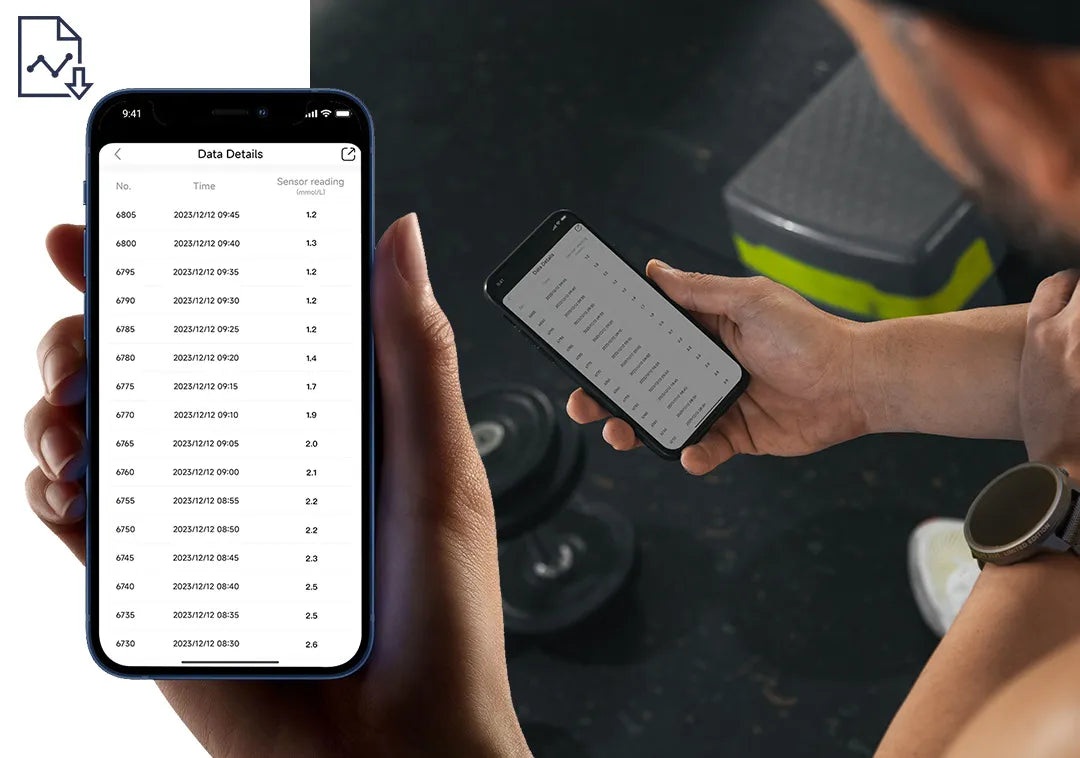 Sibionics blood glucose monitor data on smartphone. Shows sensor readings over time. User holds phone, background has gym equipment. Keywords: Sibionics, blood glucose monitor, sensor readings, smartphone data.