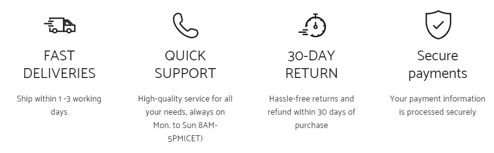 Icons for fast deliveries, quick support, 30-day return, and secure payments for Sibionics blood glucose monitors.
