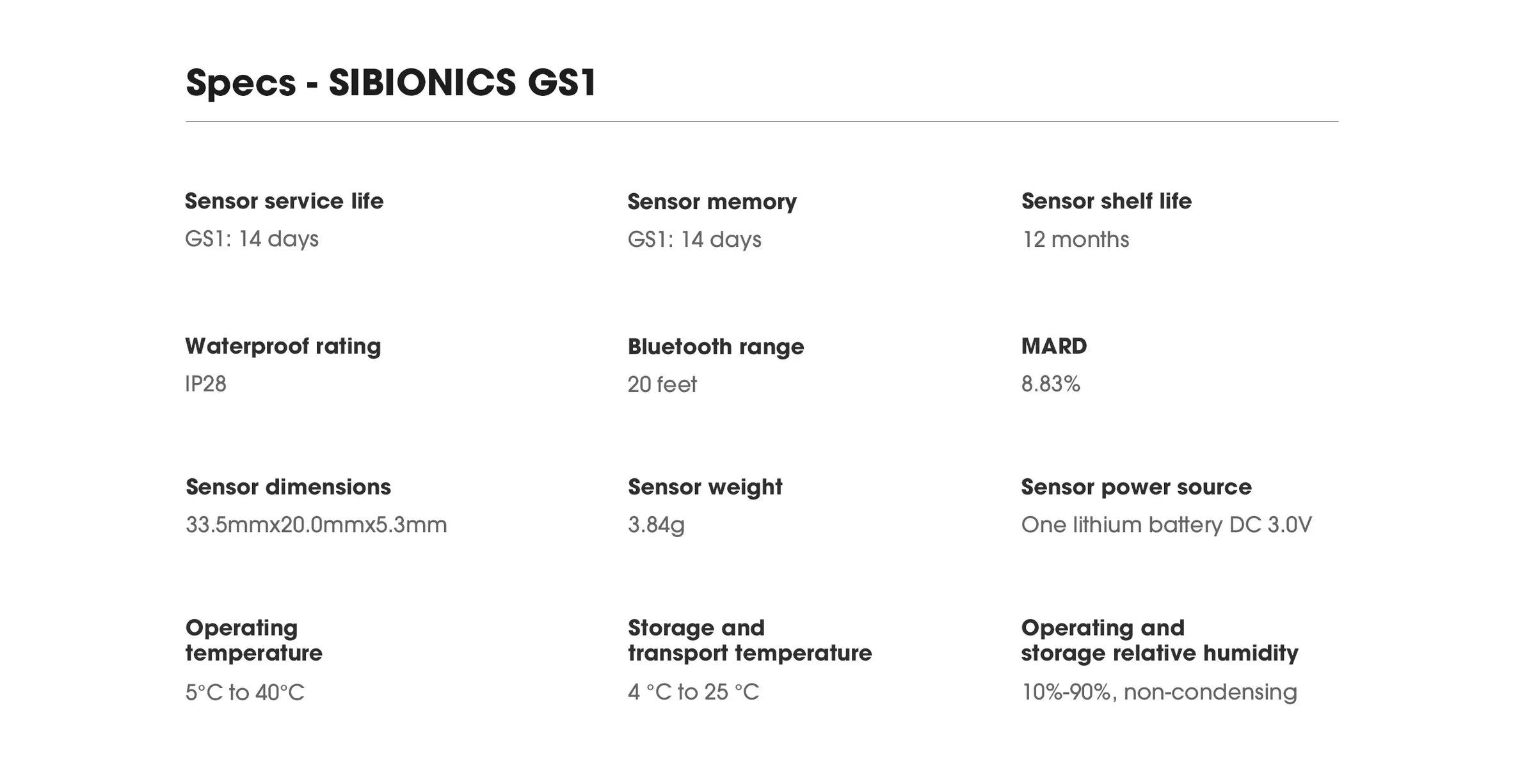 Specifications of Sibionics GS1 blood glucose monitor: sensor life, memory, shelf life, waterproof rating, Bluetooth range, MARD, dimensions, weight, power source, temperatures, humidity. Keywords: Sibionics GS1, blood glucose monitor specs.