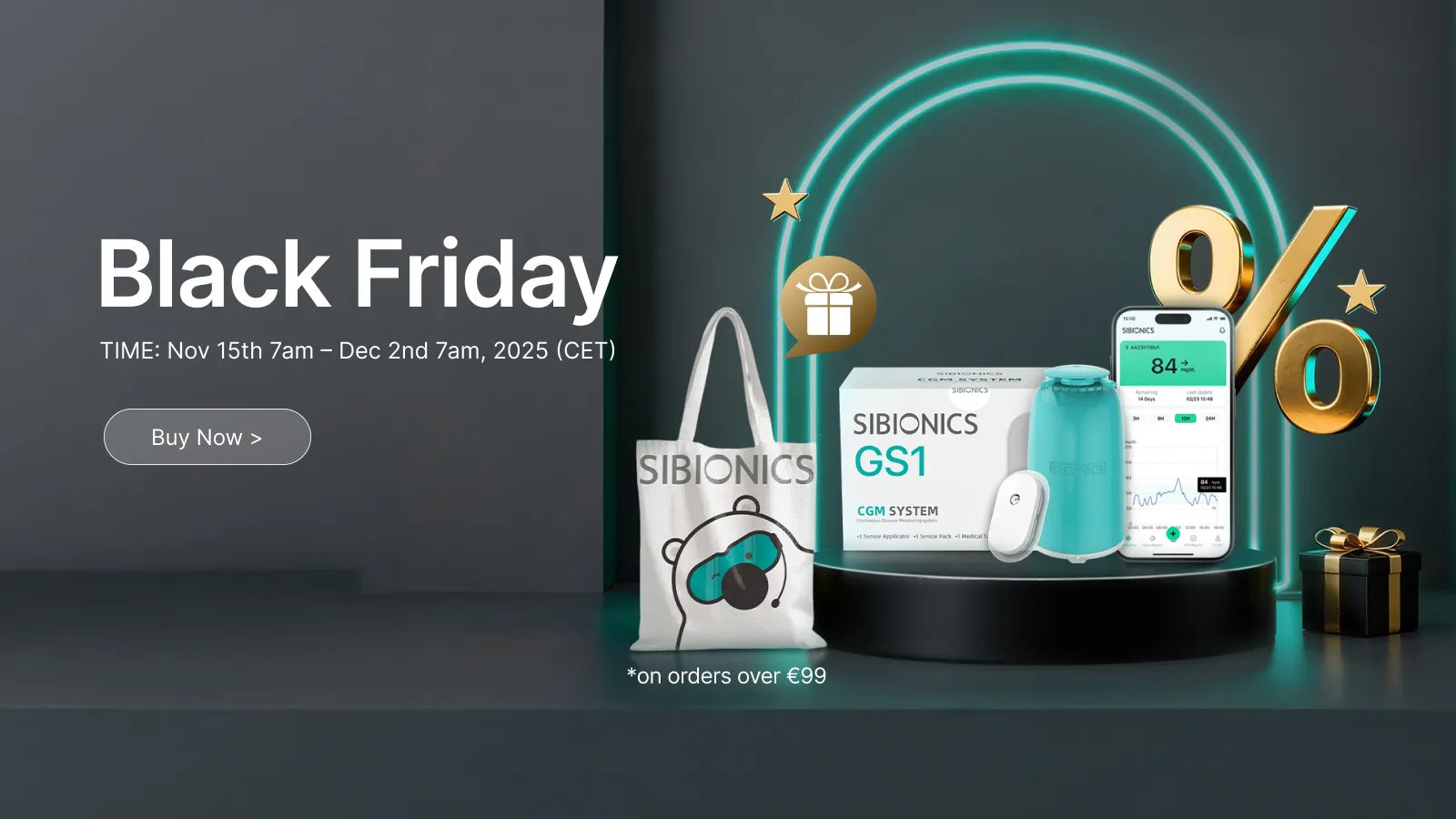 Sibionics GS1 CGM system on Black Friday sale with 0% discount, gift bag, and smartphone app display for glucose monitoring.