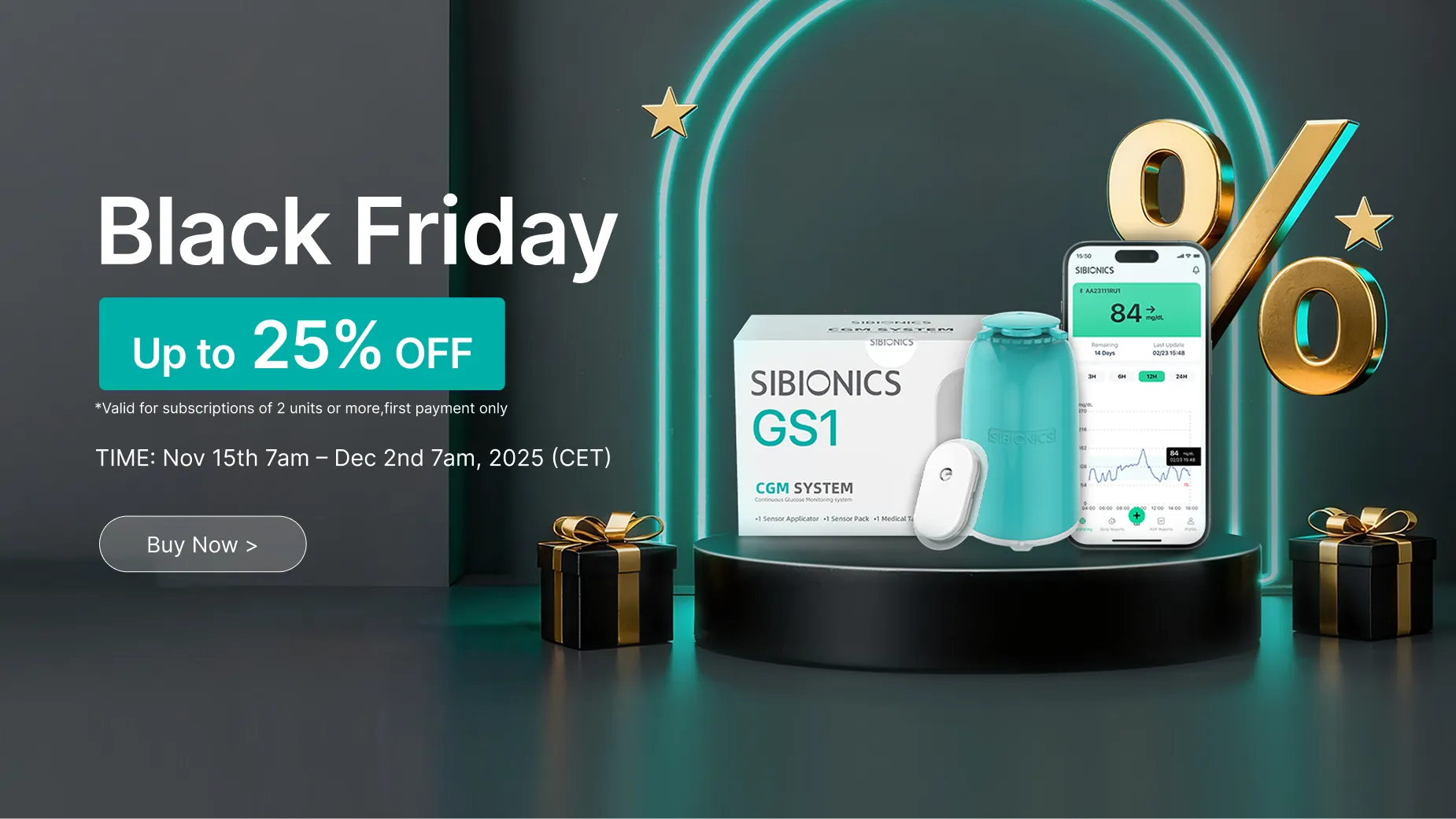 Sibionics GS1 CGM System Black Friday sale up to 25% off, featuring glucose monitor, app display, and gift boxes on neon-lit podium.