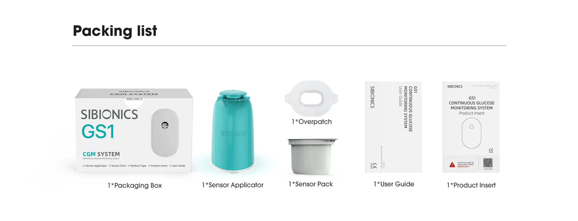 Packing list for Sibionics GS1 CGM System, including packaging box, sensor applicator, sensor pack, overpatch, user guide, and product insert.