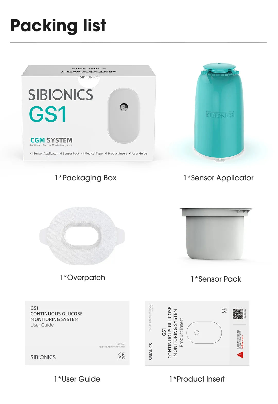 Packing list for Sibionics GS1 CGM System: box, sensor applicator, overpatch, sensor pack, user guide, product insert. Keywords: Sibionics, GS1, CGM, glucose monitor.