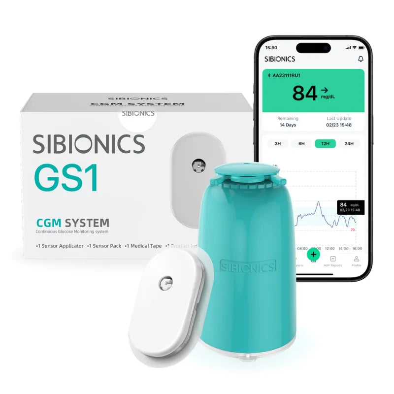 Sibionics GS1 CGM System with sensor applicator, pack, and medical tape. Smartphone shows glucose reading 84 mg/dL.