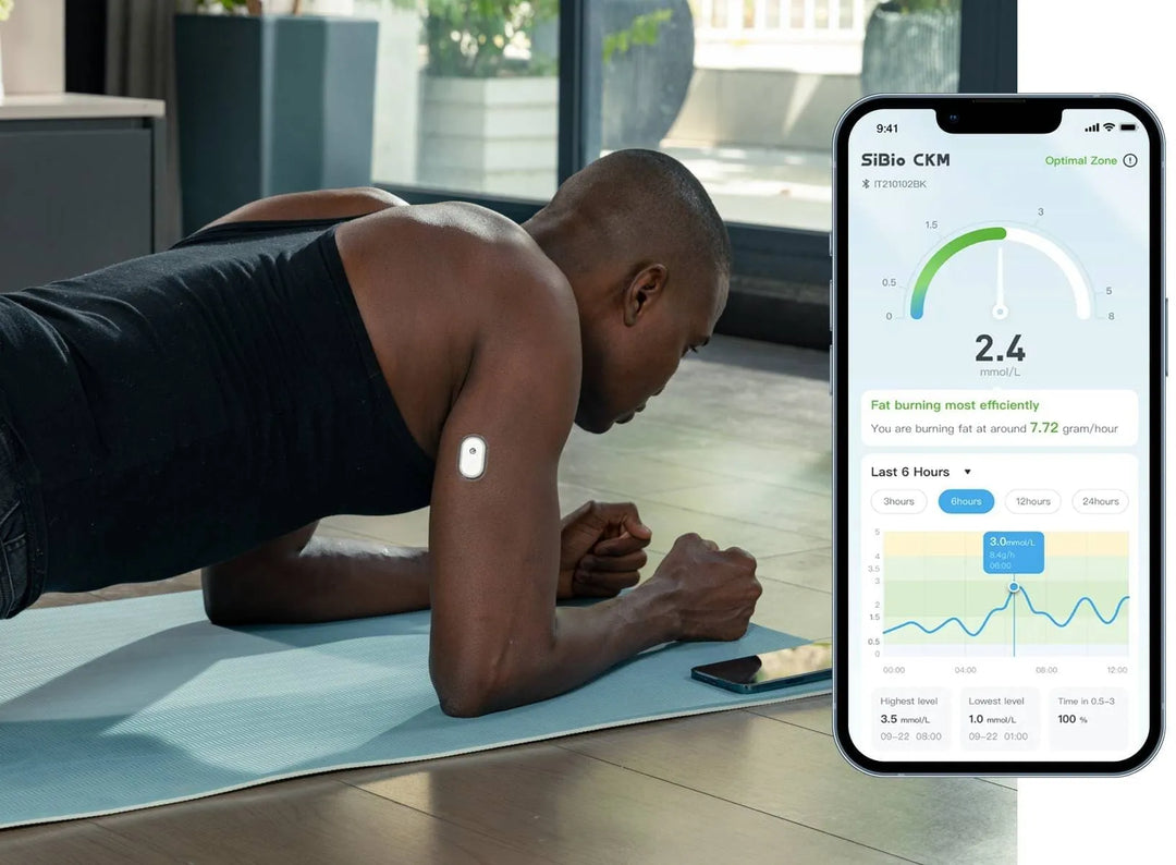 A person doing a plank with a Sibionics glucose monitor on their arm. Smartphone screen shows glucose level (2.4 mmol/L) and fat - burning info.