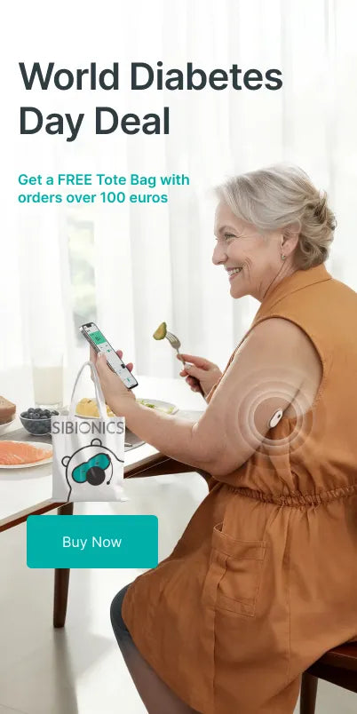 Woman using Sibionics glucose monitor while eating, promoting World Diabetes Day deal with free tote bag on orders over 100 euros.
