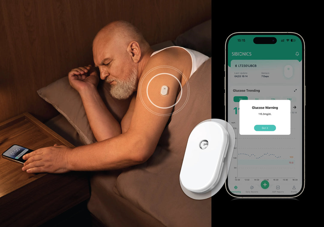 A person using a Sibionics glucose monitor on their arm, with a smartphone showing glucose data and warnings.