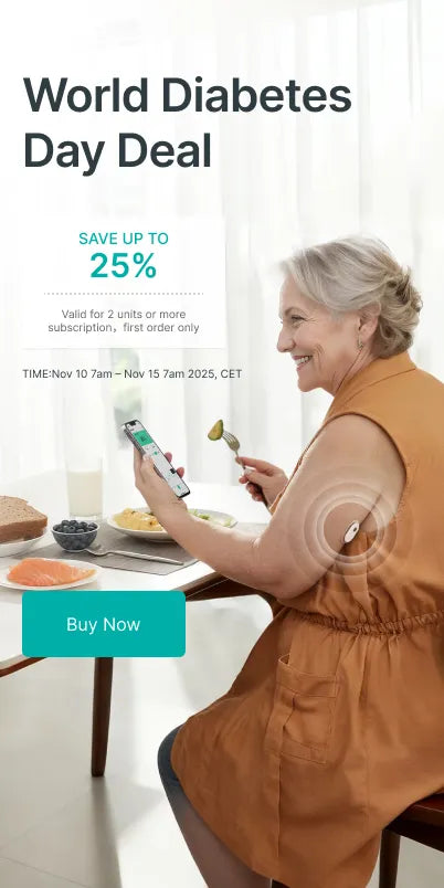 Senior woman using Sibionics glucose monitor app while eating healthy breakfast, promoting World Diabetes Day Deal with 25% off.