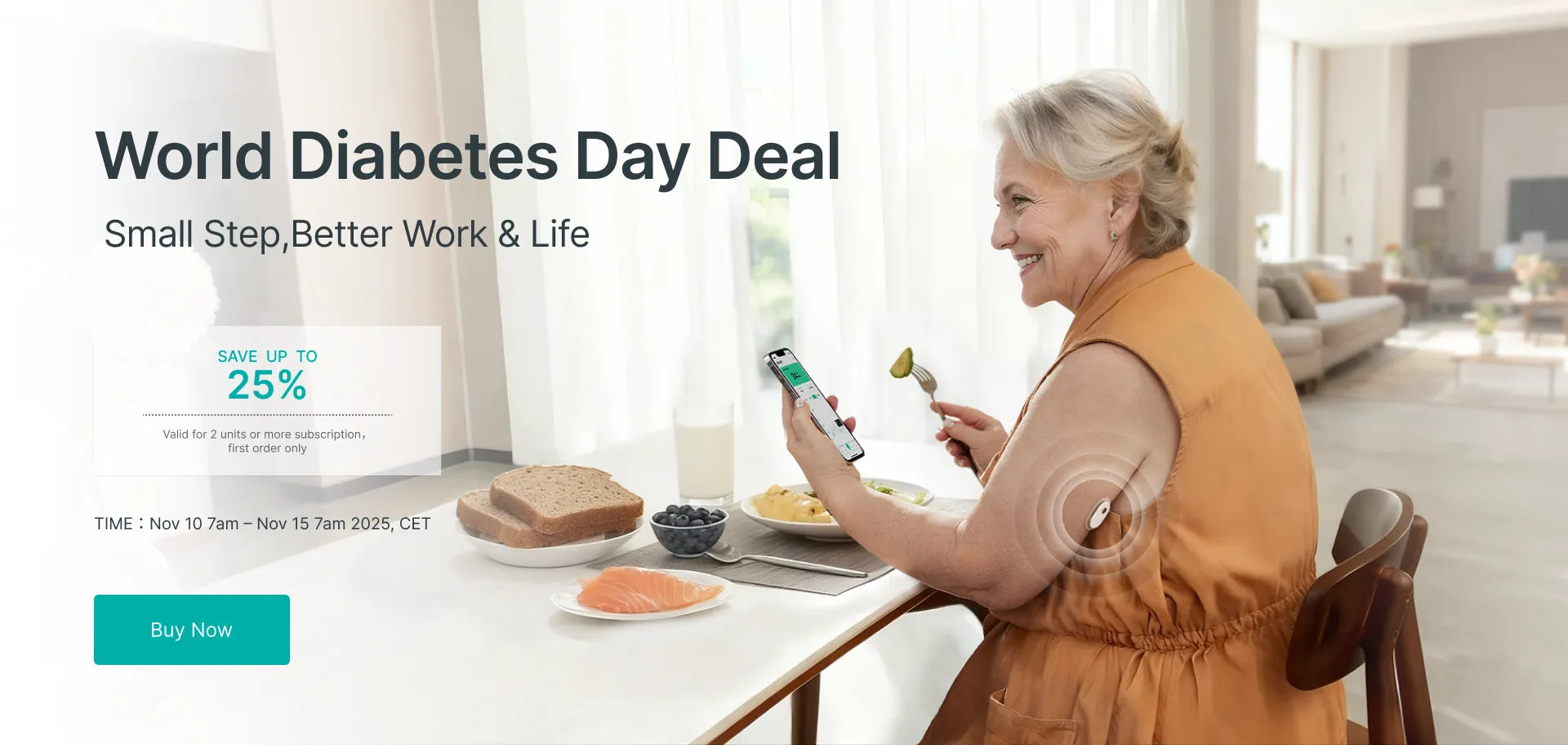 Senior woman using Sibionics glucose monitor app while eating healthy breakfast, promoting World Diabetes Day Deal with 25% off.