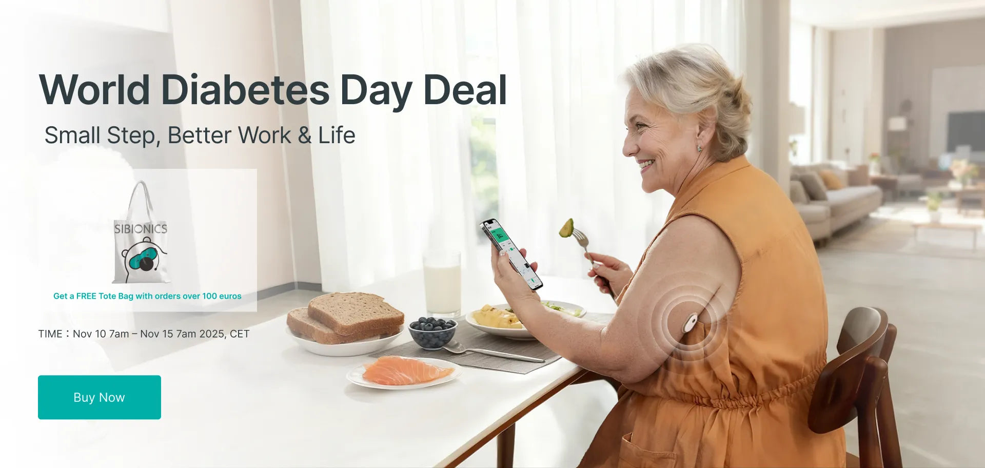 Senior woman using Sibionics glucose monitor app while eating healthy breakfast, promoting World Diabetes Day Deal with free tote bag offer.